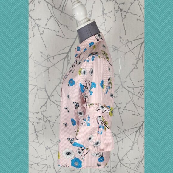 Silent Chaos Pink Floral Print Cotton Stretch Bell Sleeve Blouse - Picture 2 of 4